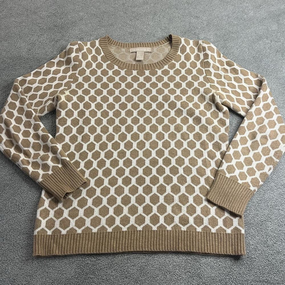 Banana Republic Honeycomb Geometric Knit Crewneck Sweater Tan White Petite XS
